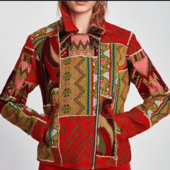 Zara patch work emboridry multi color bikers jacket size S - Picture 11 of 13